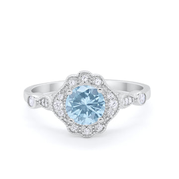 Halo Vintage Style Engagement Ring Simulated Aquamarine CZ 925 Sterling Silver